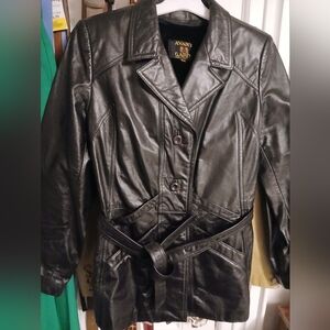 Avant Garde Genuine Black Leather Belted Blazer Women’s Vintage Button Front 90s